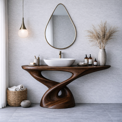 Solid Wood Sculptural Bathroom Vanity – Freestanding Modern Design
