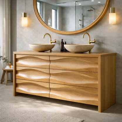 Solid Wood Double Sink Bathroom Vanity with Sculpted Wave Drawers