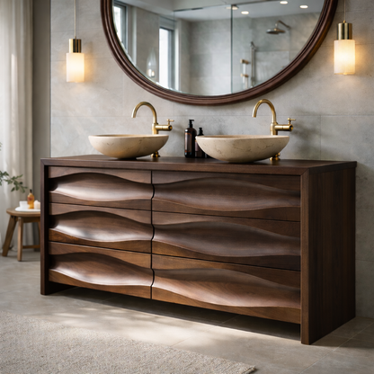 Solid Wood Double Sink Bathroom Vanity with Sculpted Wave Drawers