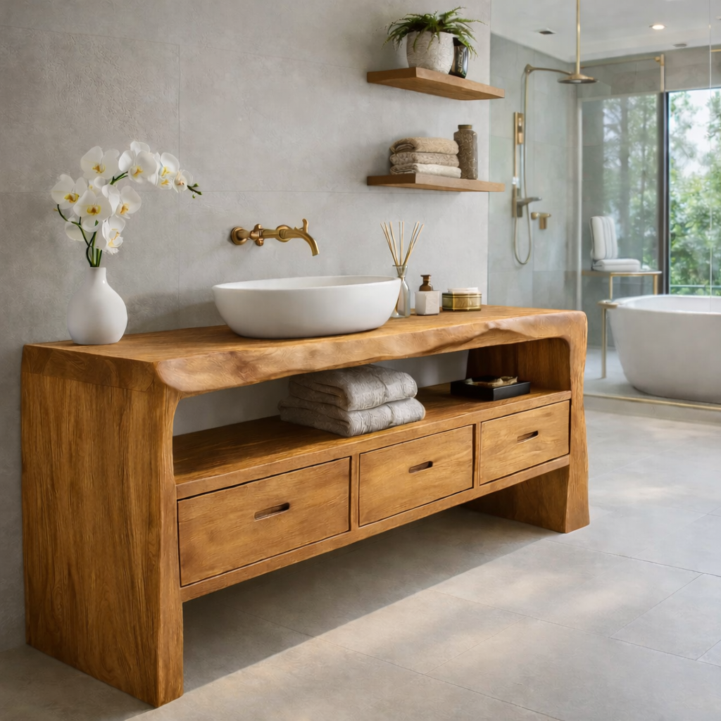 Solid Wood Bathroom Vanity with Open Shelf & Drawers – Rustic Modern Design