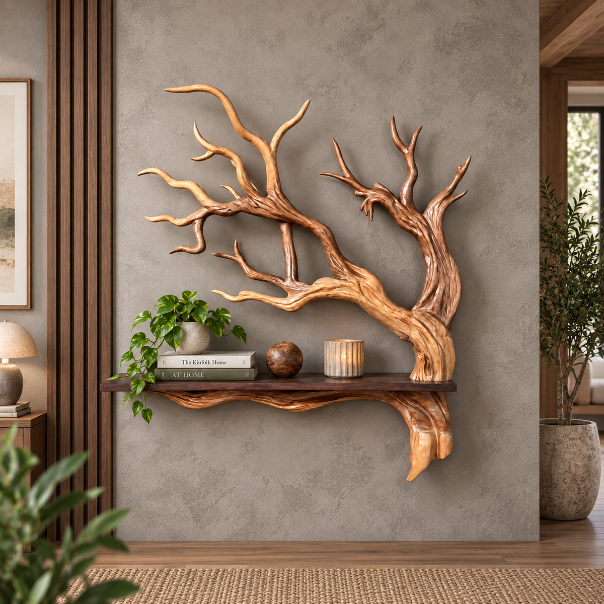 Sculptural Solid Wood Branch Wall Shelf