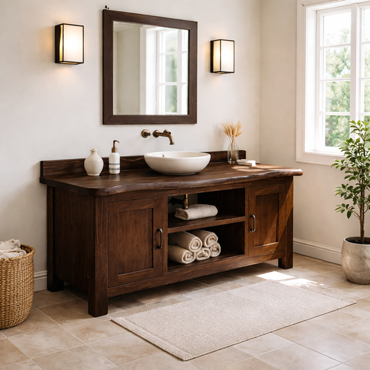 Solid Wood Bathroom Vanity with Cabinet Doors & Open Shelf Storage