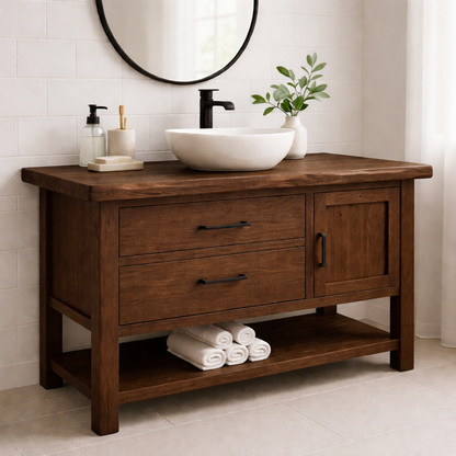 Solid Wood Bathroom Vanity with 2 Drawers, Cabinet Door & Open Shelf