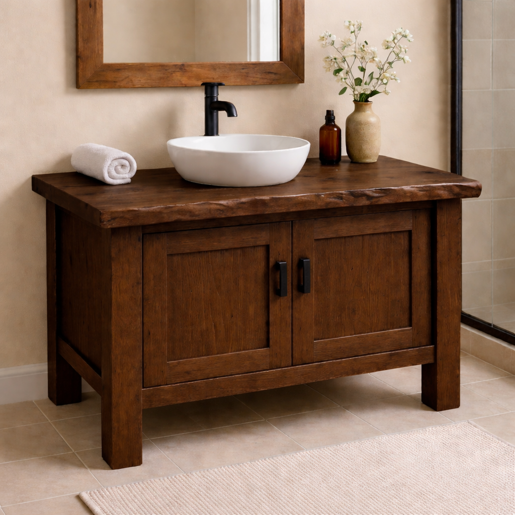 Solid Wood Bathroom Vanity with Double Cabinet Doors & Thick Slab Top