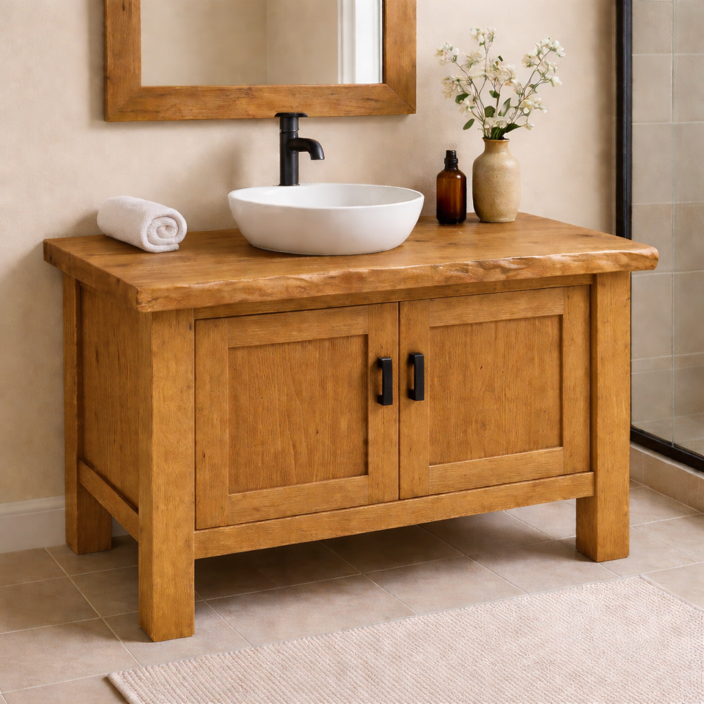 Solid Wood Bathroom Vanity with Double Cabinet Doors & Thick Slab Top