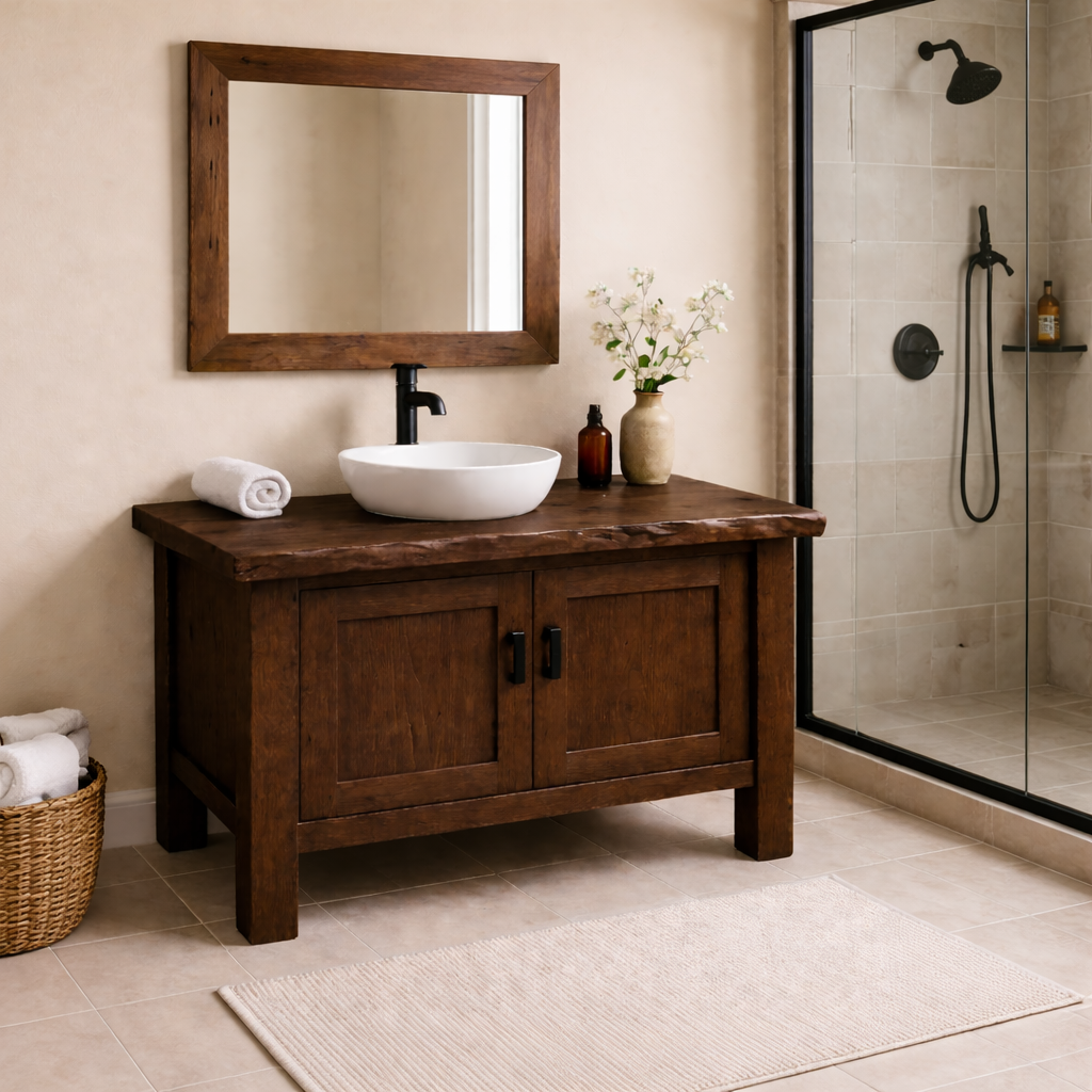 Solid Wood Bathroom Vanity with Double Cabinet Doors & Thick Slab Top