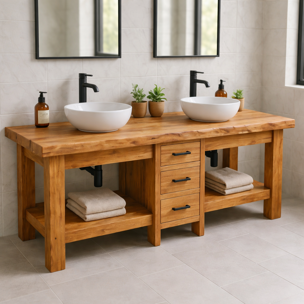 Solid Wood Double Bathroom Vanity with 3 Drawers & Open Shelves