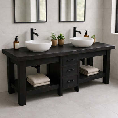 Solid Wood Double Bathroom Vanity with 3 Drawers & Open Shelves