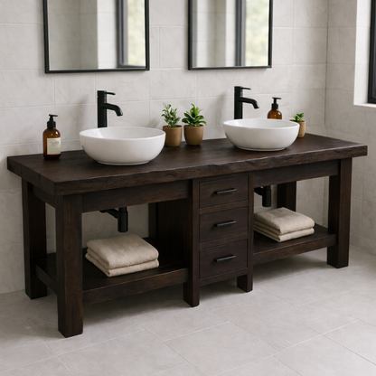 Solid Wood Double Bathroom Vanity with 3 Drawers & Open Shelves