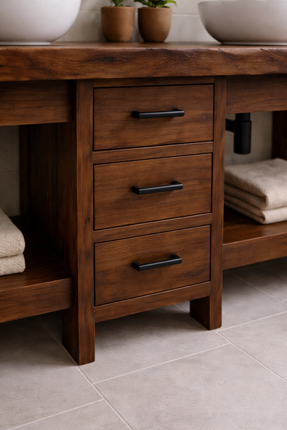 Solid Wood Double Bathroom Vanity with 3 Drawers & Open Shelves