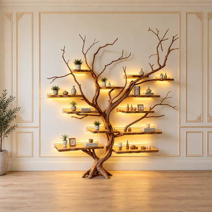 Handcrafted Solid Wood Tree Bookshelf with Branch Shelves