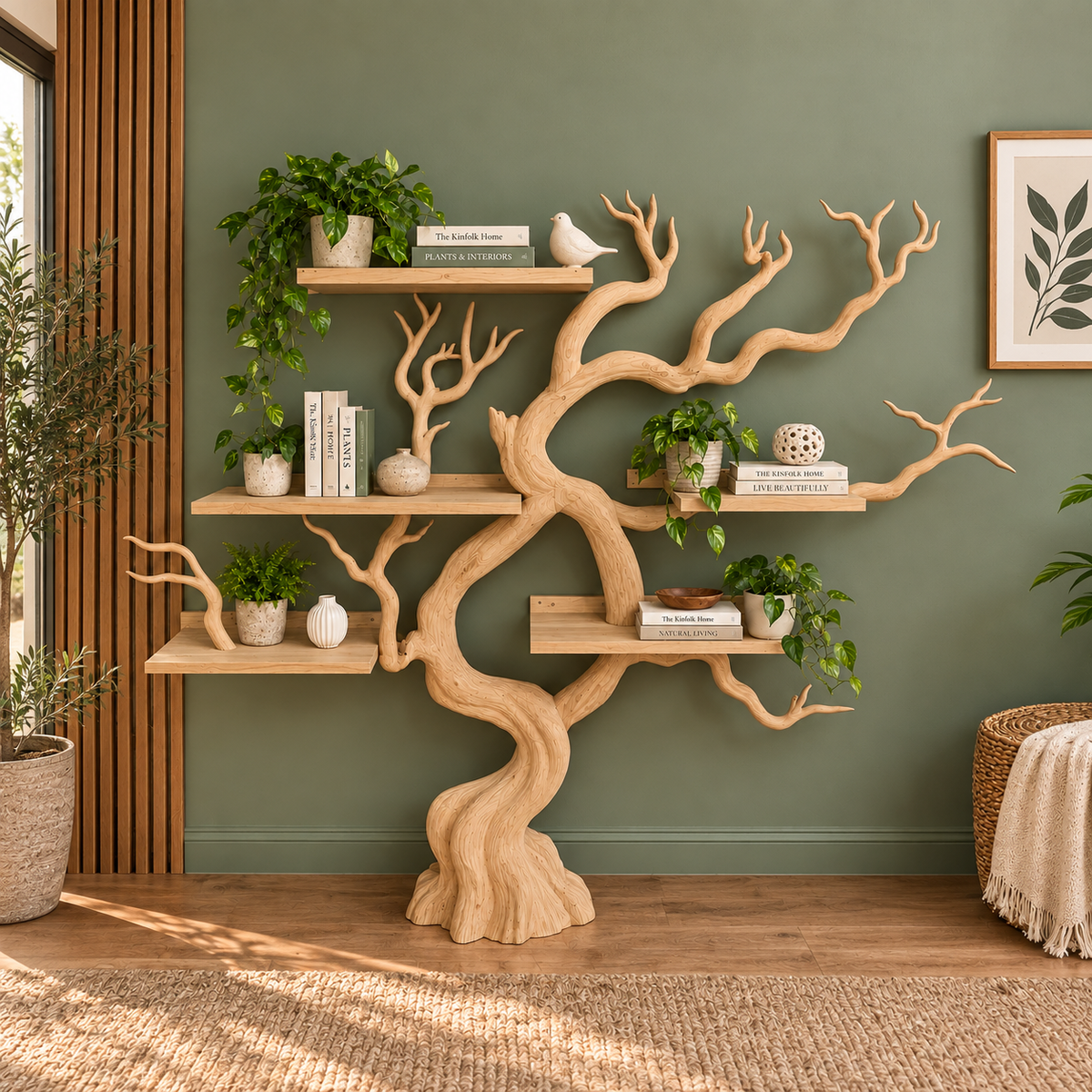 Handcrafted Solid Wood Tree Bookshelf Natural Branch Display Shelf