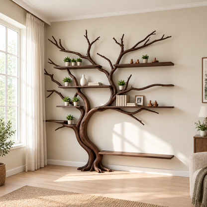 Handcrafted Sculptural Tree Bookshelf Solid Wood Branch Shelving Unit