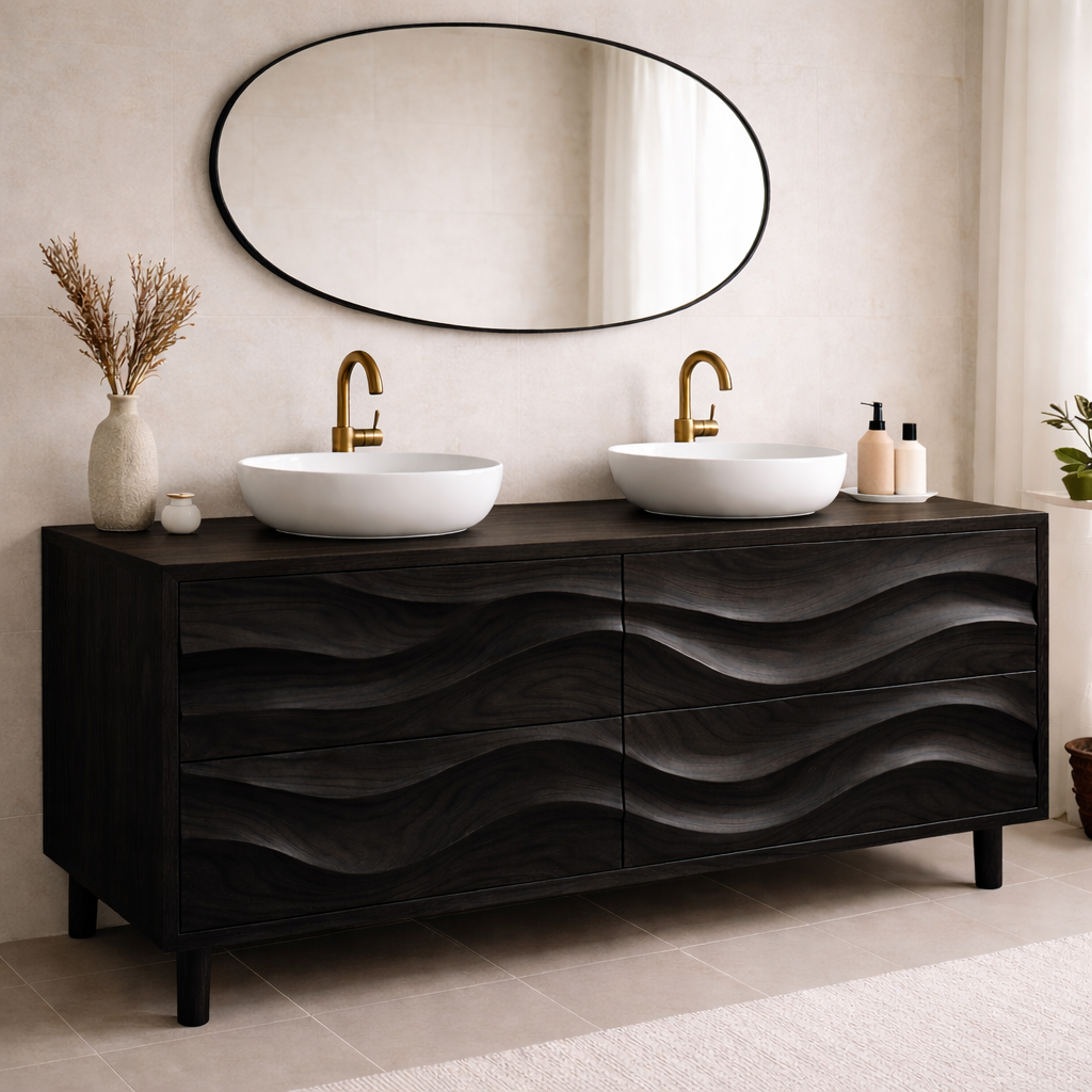 Solid Wood Double Bathroom Vanity with Wave Drawer Design