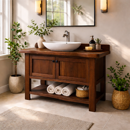 Solid Wood Bathroom Vanity with Double Doors & Open Shelf Storage