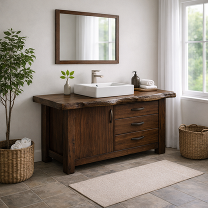 Live Edge Solid Wood Bathroom Vanity with Cabinet & 3 Drawers