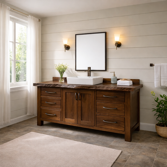 Live Edge Solid Wood Bathroom Vanity with 6 Drawers & Double Doors