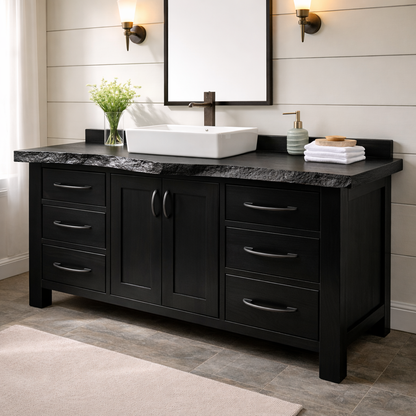 Live Edge Solid Wood Bathroom Vanity with 6 Drawers & Double Doors