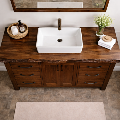 Live Edge Solid Wood Bathroom Vanity with 6 Drawers & Double Doors