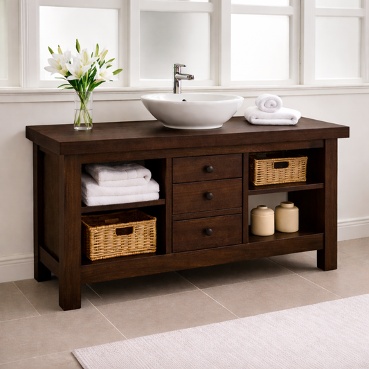 Solid Wood Bathroom Vanity with 3 Drawers & Open Shelf Storage