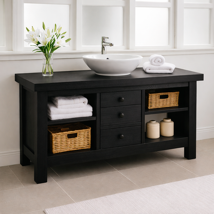 Solid Wood Bathroom Vanity with 3 Drawers & Open Shelf Storage