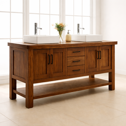 Solid Wood Double Bathroom Vanity with Drawers, Cabinets & Open Shelf