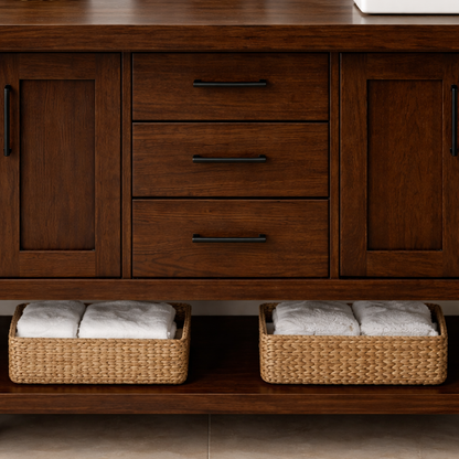 Solid Wood Double Bathroom Vanity with Drawers, Cabinets & Open Shelf