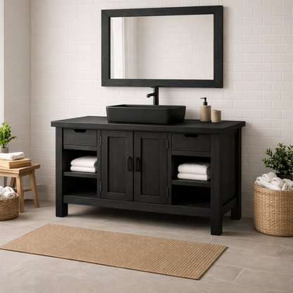 Solid Wood Bathroom Vanity with Drawers, Cabinet & Open Shelf Storage