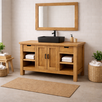 Solid Wood Bathroom Vanity with Drawers, Cabinet & Open Shelf Storage