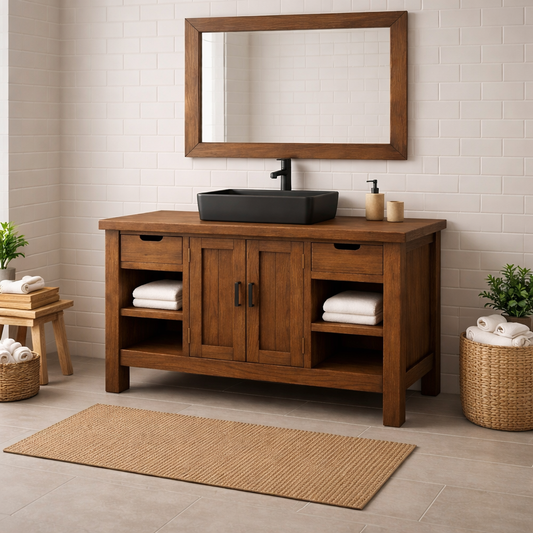 Solid Wood Bathroom Vanity with Drawers, Cabinet & Open Shelf Storage
