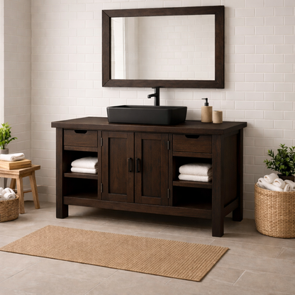 Solid Wood Bathroom Vanity with Drawers, Cabinet & Open Shelf Storage