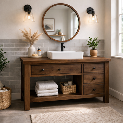 Solid Wood Bathroom Vanity with Drawers & Open Shelf Storage