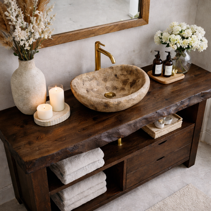 Solid Wood Bathroom Vanity with Live Edge Top & 2 Drawers