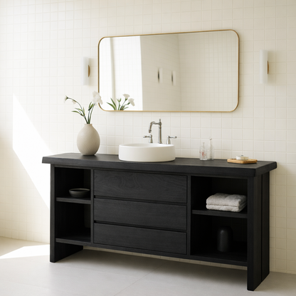 Solid Wood Bathroom Vanity with 3 Drawers & Open Shelf Storage