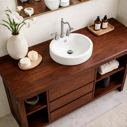 Solid Wood Bathroom Vanity with 3 Drawers & Open Shelf Storage