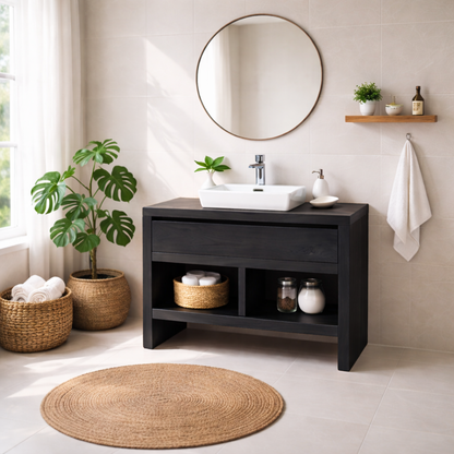 Solid Wood Bathroom Vanity with Drawer & Open Shelf Storage