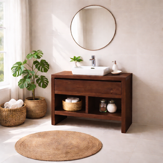 Solid Wood Bathroom Vanity with Drawer & Open Shelf Storage