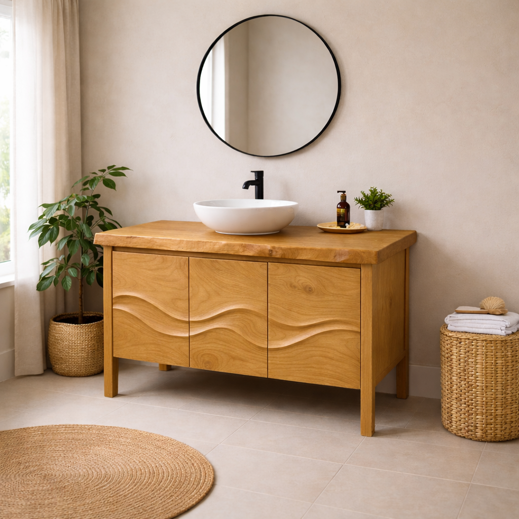 Undulating Wave Pattern Vanity Solid Wood Bathroom Vanity with Sculpted Wave Front & Live Edge Top ...