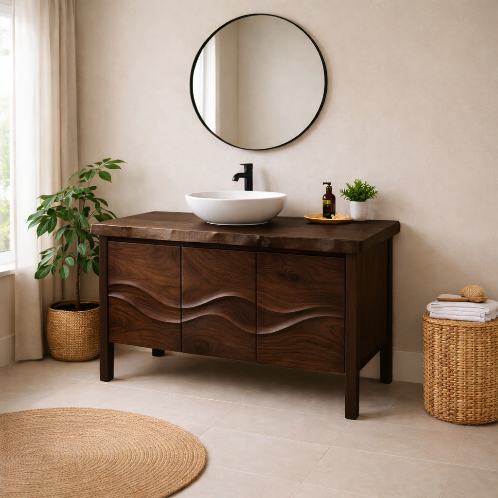 Undulating Wave Pattern Vanity Solid Wood Bathroom Vanity with Sculpted Wave Front & Live Edge Top ...