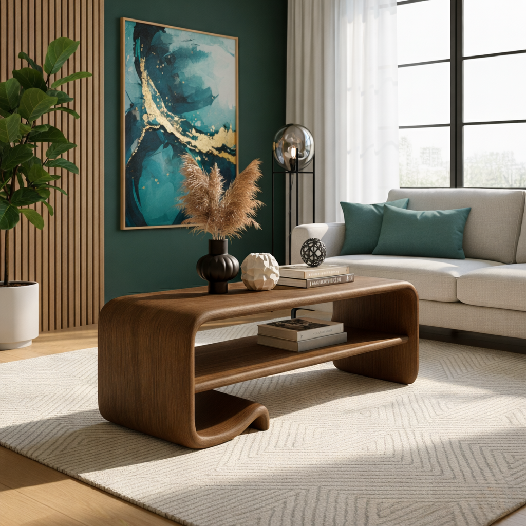 Solid Wood Coffee Table with Shelf – Modern Curved Wooden Coffee Table for Living Room Kitchnce