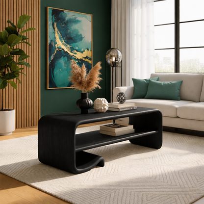 Solid Wood Coffee Table with Shelf – Modern Curved Wooden Coffee Table for Living Room Kitchnce