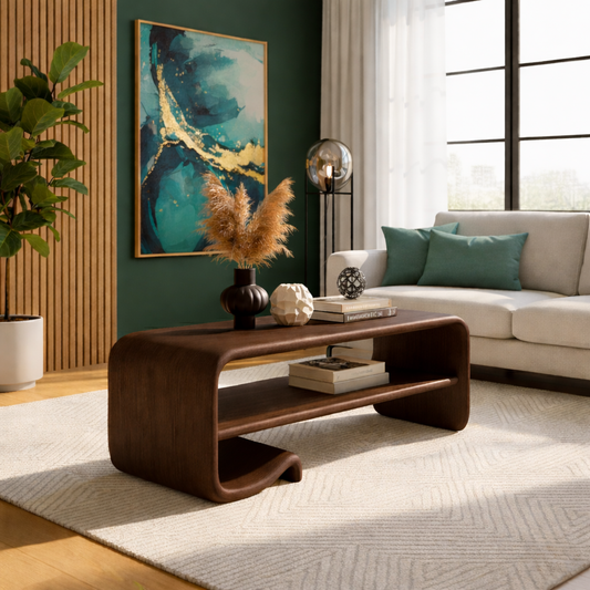 Solid Wood Coffee Table with Shelf – Modern Curved Wooden Coffee Table for Living Room Kitchnce