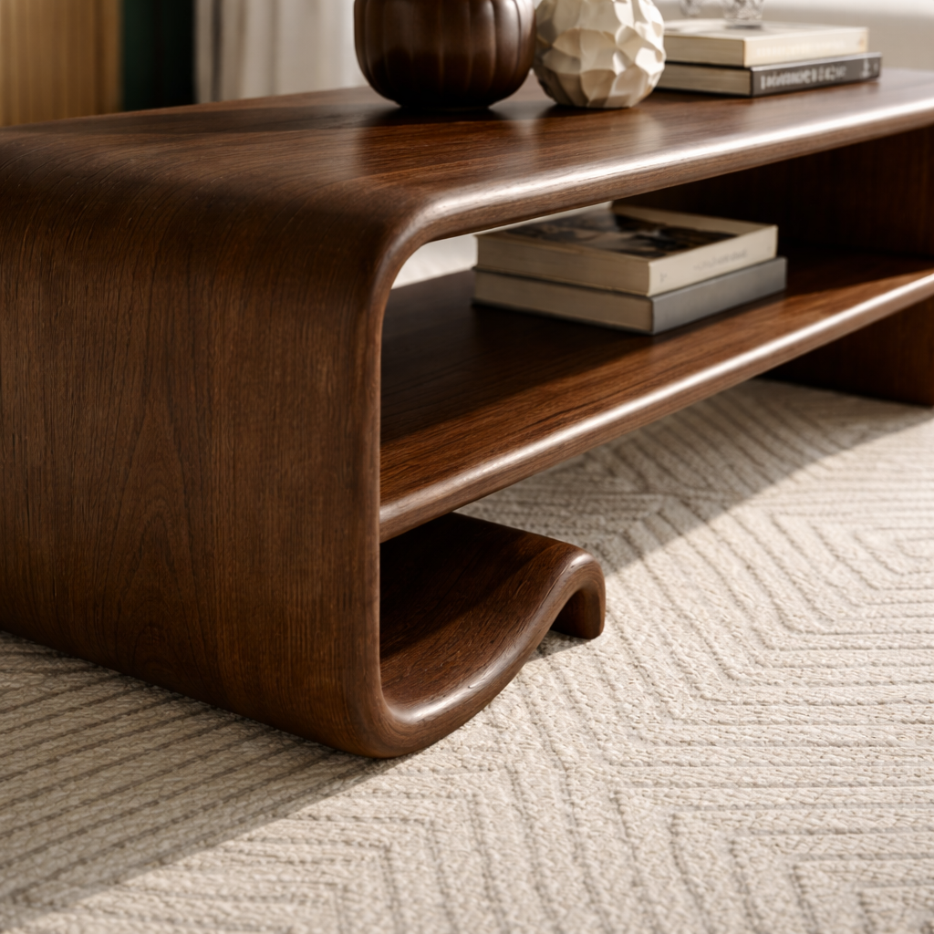 Solid Wood Coffee Table with Shelf – Modern Curved Wooden Coffee Table for Living Room Kitchnce