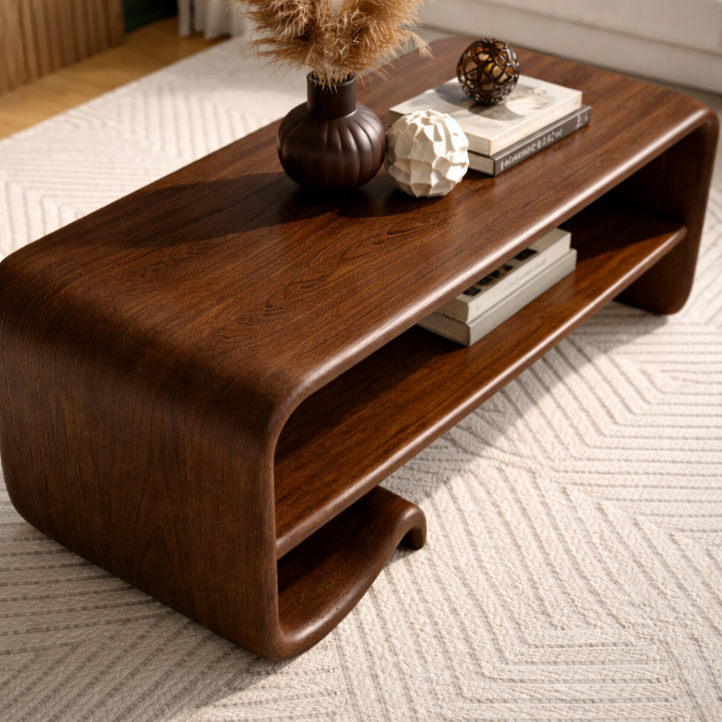 Solid Wood Coffee Table with Shelf – Modern Curved Wooden Coffee Table for Living Room Kitchnce