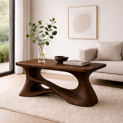 Solid Wood Sculptural Coffee Table with Organic Curved Base – Modern Rustic Coffee Table Kitchnce