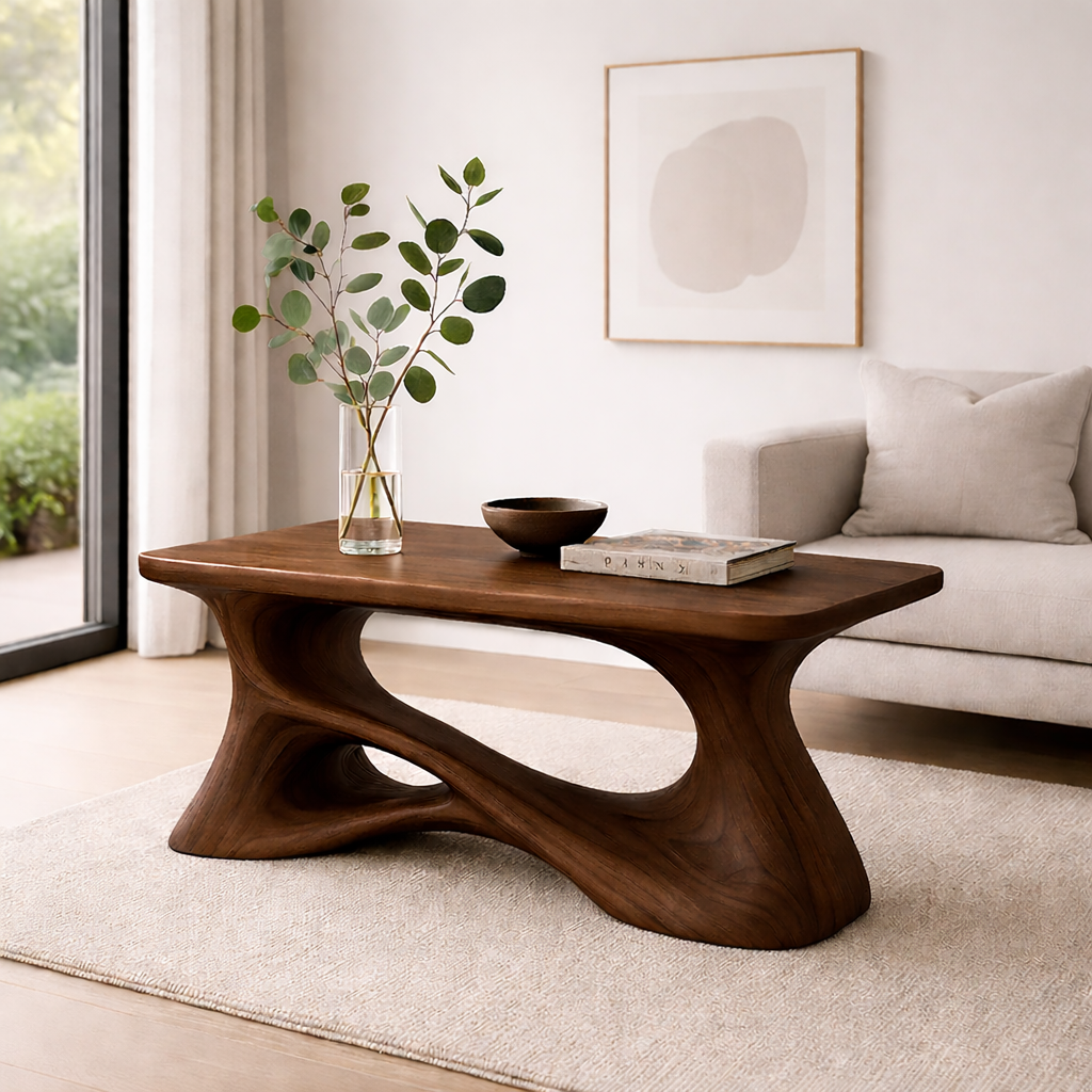 Solid Wood Sculptural Coffee Table with Organic Curved Base – Modern Rustic Coffee Table Kitchnce