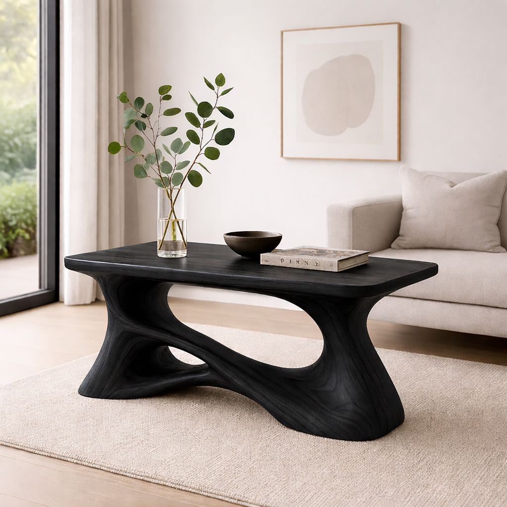 Solid Wood Sculptural Coffee Table with Organic Curved Base – Modern Rustic Coffee Table Kitchnce