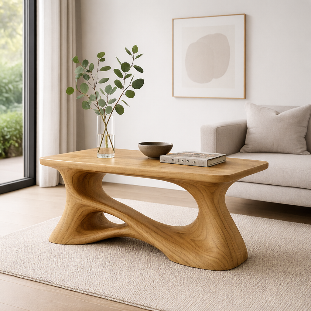 Solid Wood Sculptural Coffee Table with Organic Curved Base – Modern Rustic Coffee Table Kitchnce