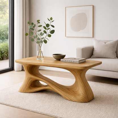 Solid Wood Sculptural Coffee Table with Organic Curved Base – Modern Rustic Coffee Table Kitchnce