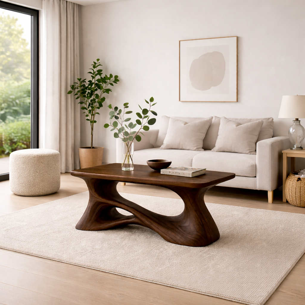 Solid Wood Sculptural Coffee Table with Organic Curved Base – Modern Rustic Coffee Table Kitchnce